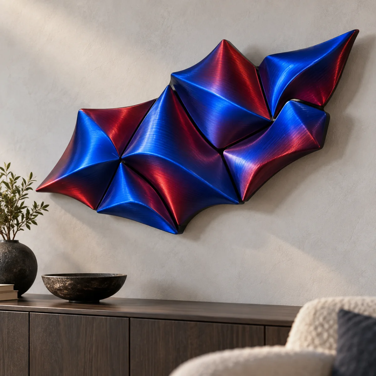 Concept render. Seven cobalt and wine-red folds on a pale wall above a dark wood console.